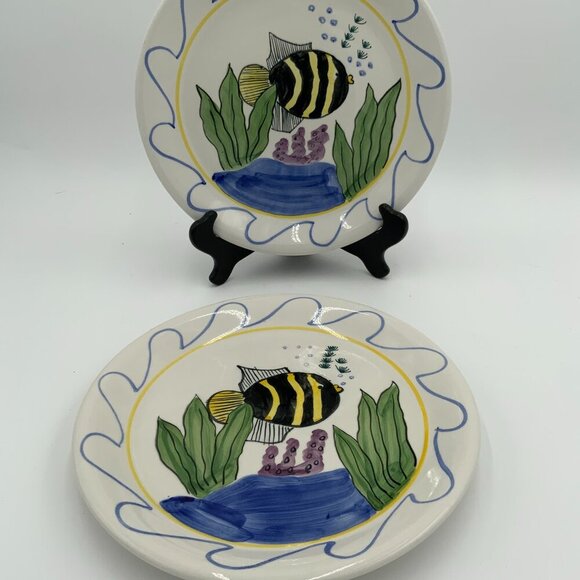 Pair of RARE Emerald Collection Hand Painted Dinner Plate Fish Ocean Aquarium - Picture 4 of 5